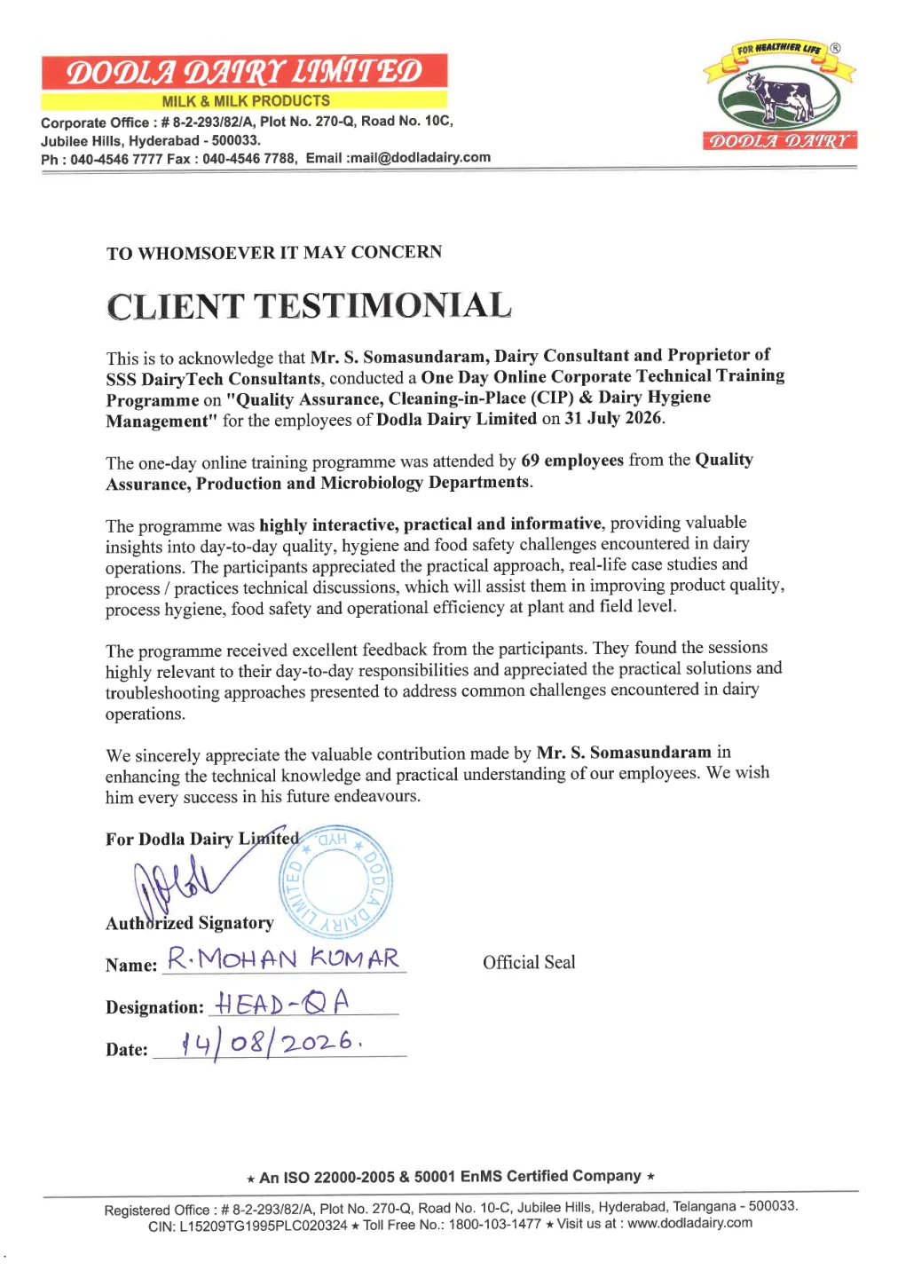 Signed Dodla Dairy testimonial for SSS DairyTech corporate CIP and dairy hygiene training